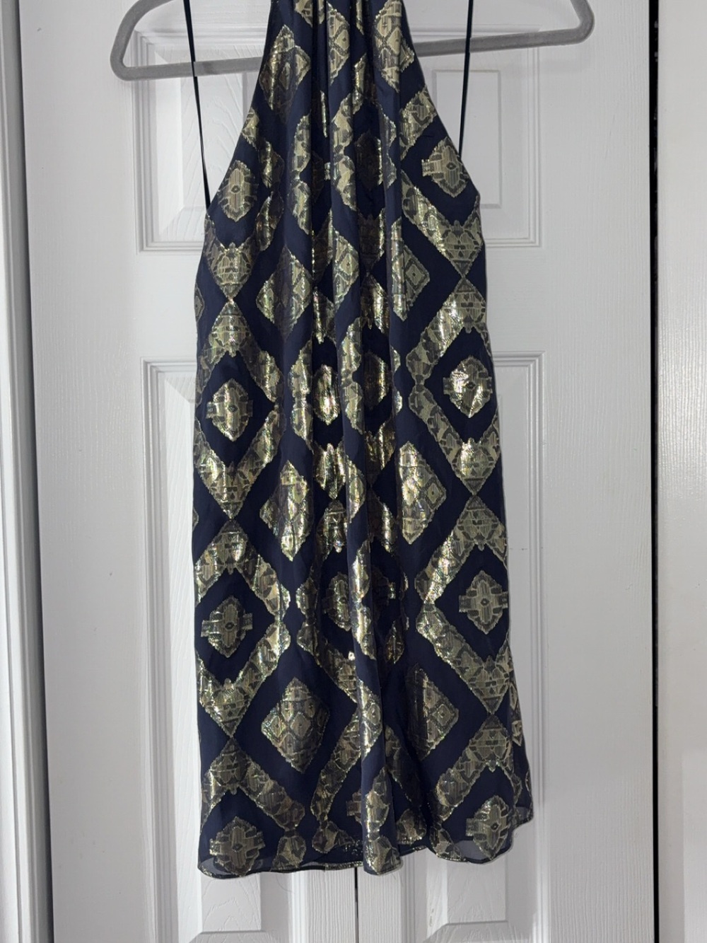 Ramy Brook Navy Dress with Metallic Gold Geometric Jacquard
